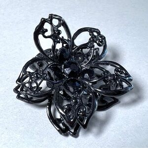 Rhinestone Hair Clip Claw Black Jeweled Dark Silver Filigree 2" Accessory